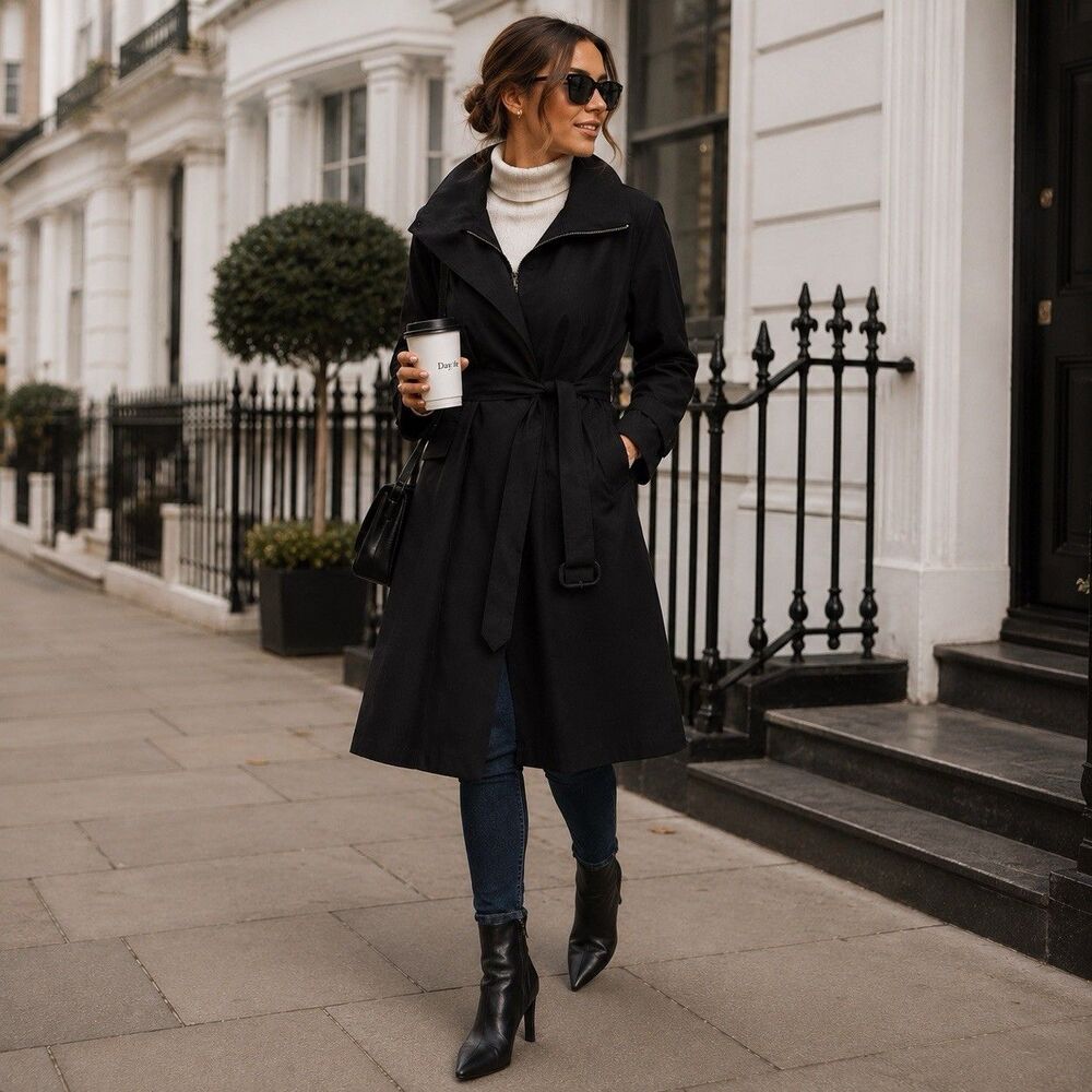 REBECCA MINKOFF New Women’s XL Trench‎ Coat Black Belted Luxury Jacket RM-704